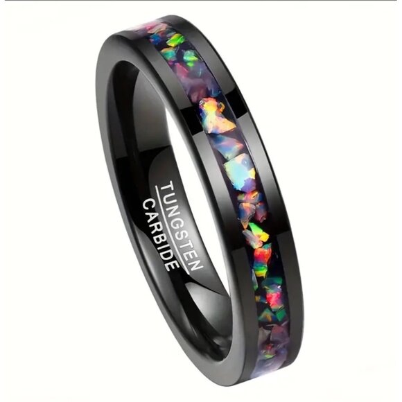 Black Tungsten Carbide Ring With Rainbow Opal Inlay For Men & Women - 6mm Width - Picture 5 of 9